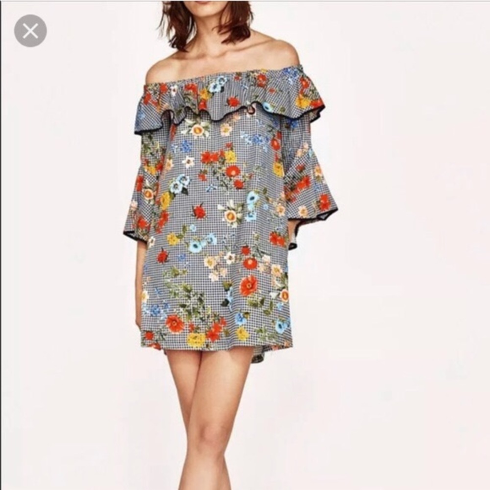 Zara Checkered & Floral Off The Shoulder Dress